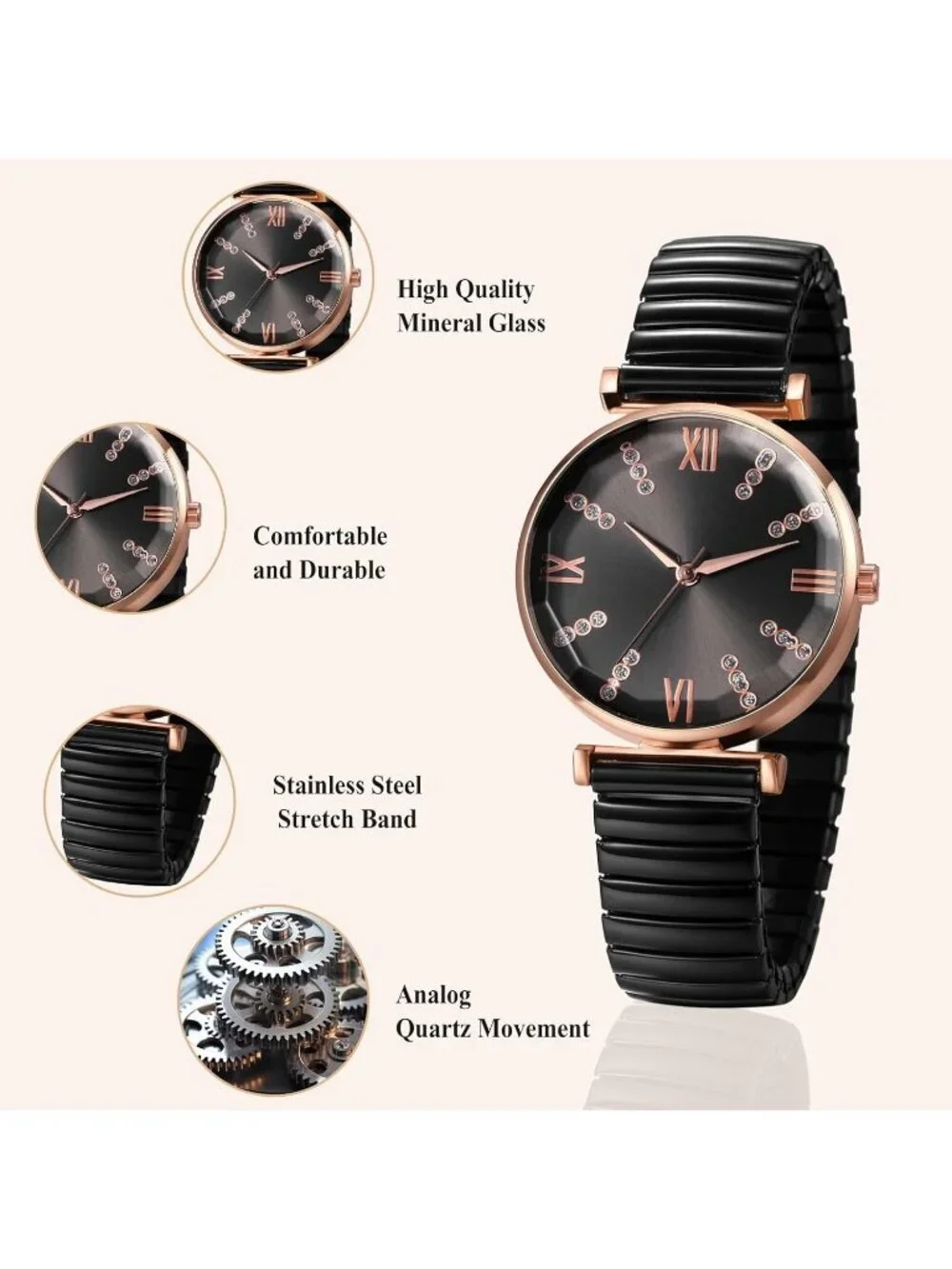 Women's All Black Analog Elastic Strap Arabic Numerals Waterproof Wrist Watch